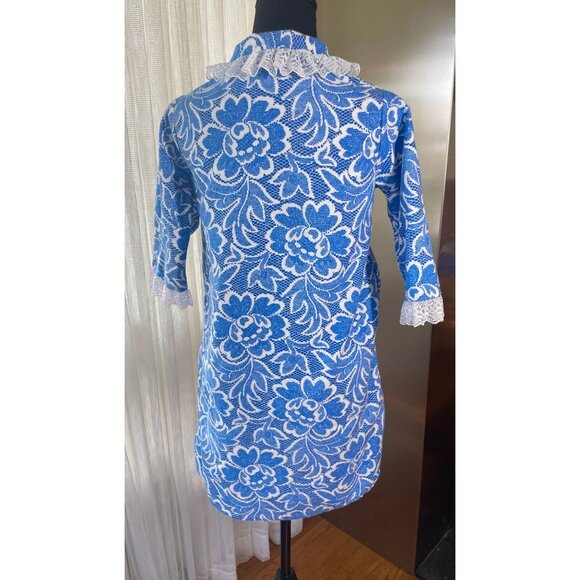 Vintage 1950s peignoir, short blue floral 3/4 sleeves robe, Dream-A-Way - Picture 5 of 9